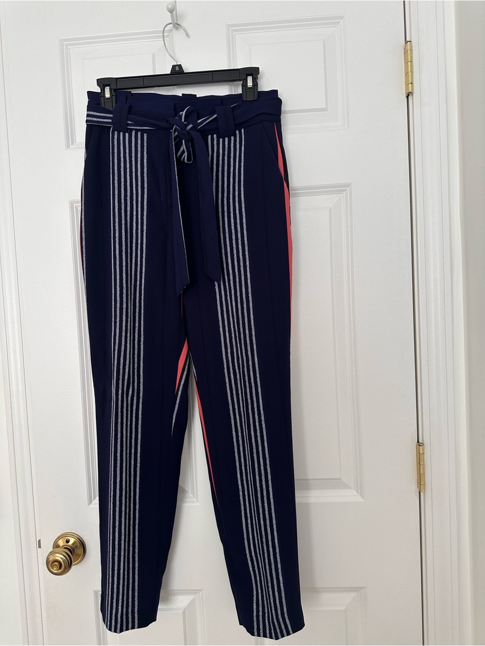 Express High-Waist Navy Stripe Paperbag Pants with Coral Side Stripe 4